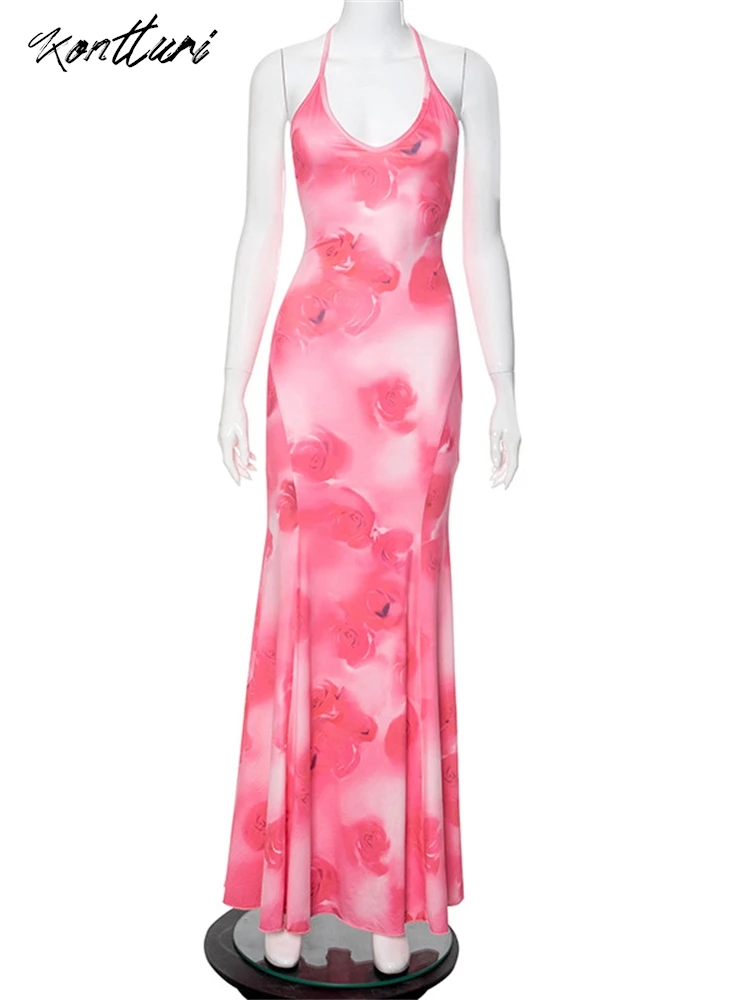 Kontturi-Vestidos sexy sem costas com estampa floral feminina, bandagem halter, vestido de noite com gola V, vestido rosa maxi, verão, 2024