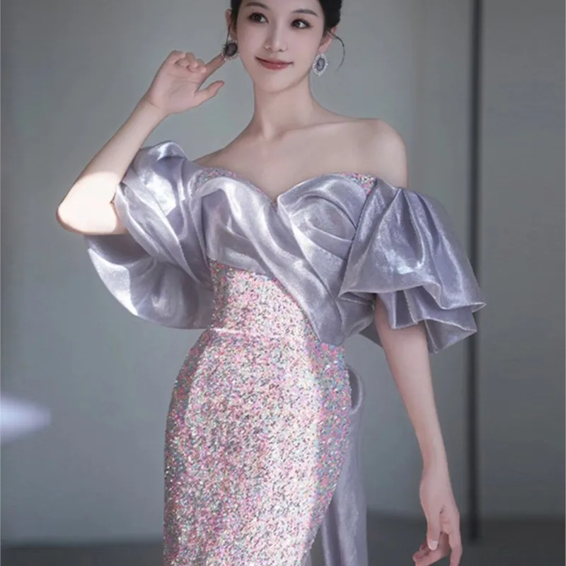 Toasting new line shoulder host Banquet light luxury fishtail dress