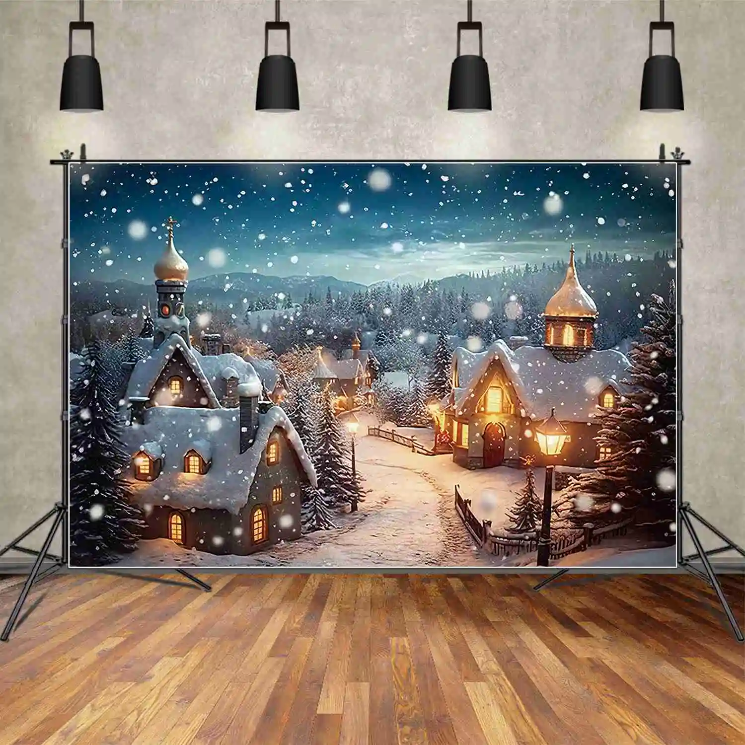 MOON.QG Winter Christmas Village Backdrop Home Decoration Photography Studio Background New Year Snow Town Mountain Back Drop