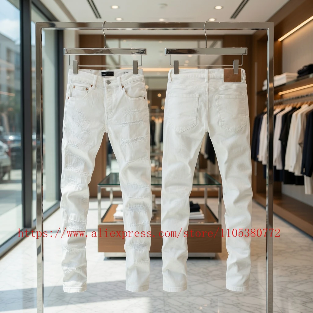 

High Street Washed Distressed White Jeans Slim Narrow Fit Unisex Versatile Denim Trousers Y2K Men's Women's Tight Jeans