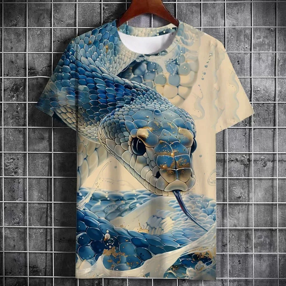 3D Realistic Blue Gold Snake Print T‑Shirt, Animal Serpent Graphic Short Sleeve Tee, Hip‑Hop Streetwear Loose Casual Top for Men