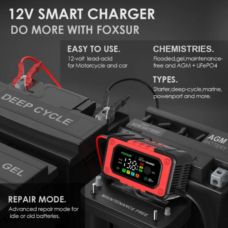 NEW! Universal Repair Car Battery Charger 12V 7A Intelligent Repair Motorcycle Charger for lead Acid LiFePO4 Battery