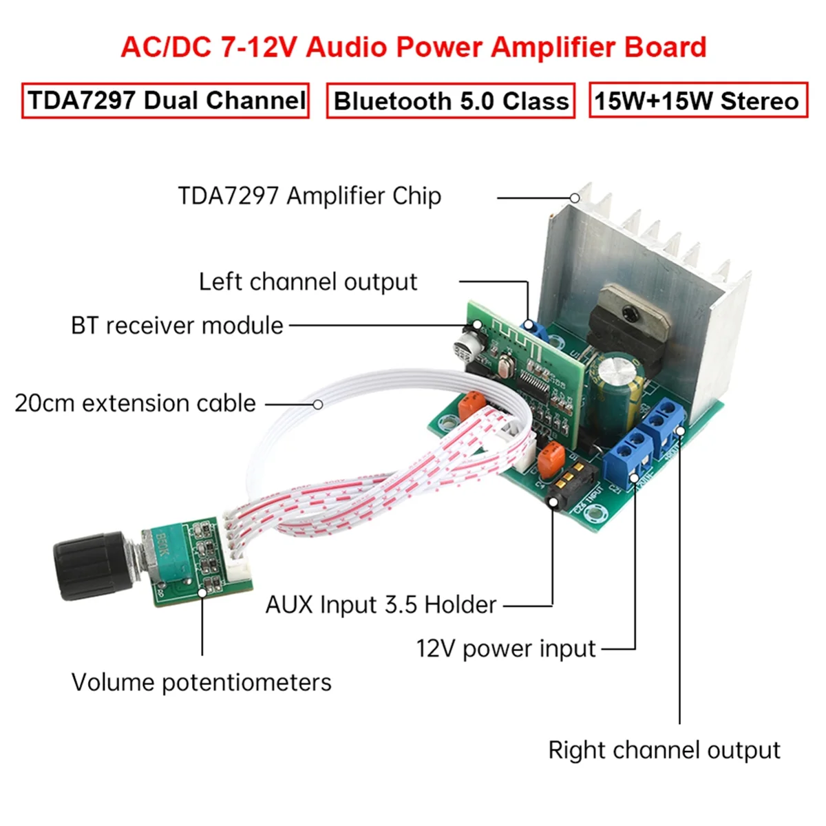 FFYY-デュアルチャンネル Bluetooth 5.0 オーディオアンプボード TDA7297、15W+15W、AC DC 7-12V と互換性あり