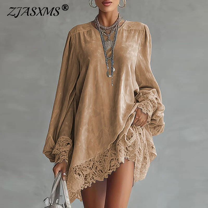 Abito da donna sexy con scollo a V patchwork in pizzo Abito da festa primaverile elegante solido allentato Mini abito autunno manica lunga A-Line Boho Dress Vestidos