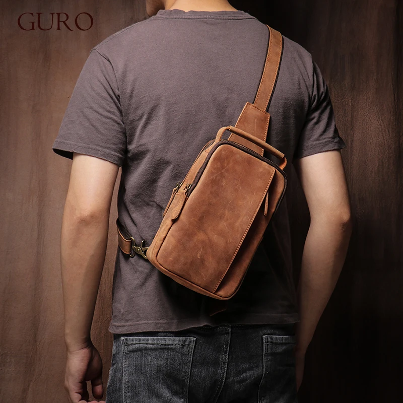 GURO Men\'s Higher Quality Chest Pack Vintage Genuine Leather Travel  Sling Bag Male Luxury satchel Crazy Horse Cowhide Crossbody