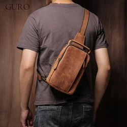 GURO Men's Higher Quality Chest Pack Vintage Genuine Leather Travel  Sling Bag Male Luxury satchel Crazy Horse Cowhide Crossbody