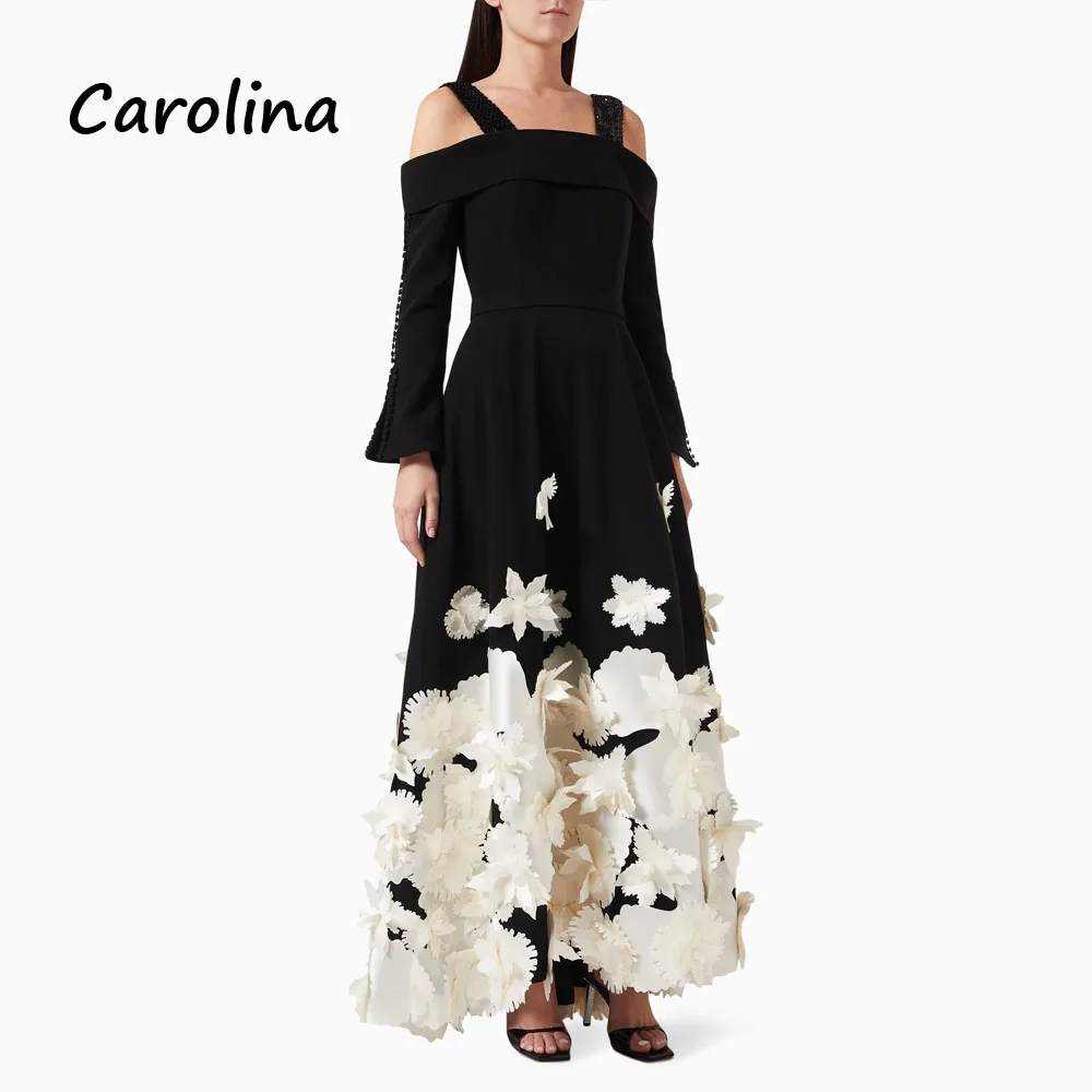 Carolina Black Strapless Appliques A-LINE Evening Dress Saudi Arabia 2024 Slim Crepe Long Sleeve Ankle-Length Prom Dress