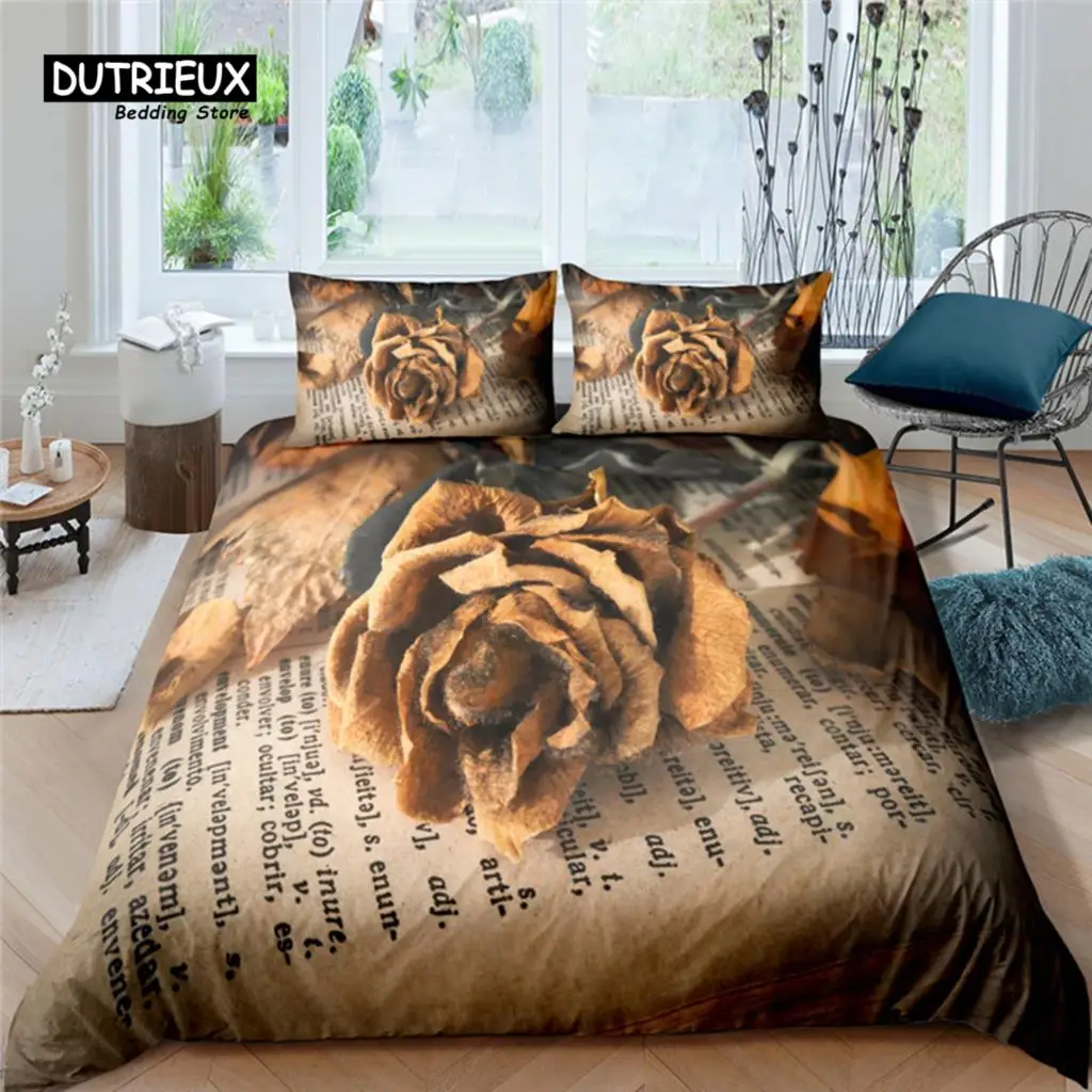 Home Living Luxury Gold Rose Print 2/3Pcs Soft Duvet Cover PillowCase Queen Size and King Size Kids Bedding Set EU/US/AU Size