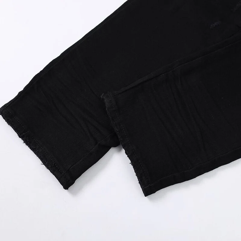 Pantalones vaqueros de diseñador a la moda para hombre, pantalones vaqueros rasgados con parches de cuero con agujeros ajustados elásticos negros de alta calidad, pantalones vaqueros de marca Hip Hop para hombre