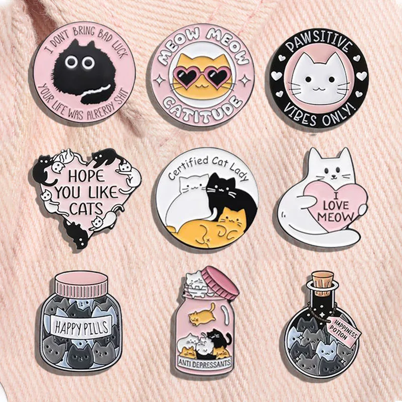 Cartoon Cute Cat Animal Enamel Pin Cat Pill ‌Happiness Potion Brooches Lapel Badge Funny Jewelry Gifts For Kitten Lover Friends