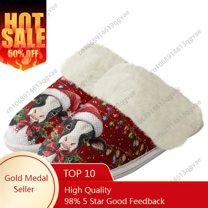 

Christmas Cow Wearing Santa Hat Slippers Mens Womens Home Cotton Plush Bedroom Keep Warm Custom Thermal Lightweight Slipper