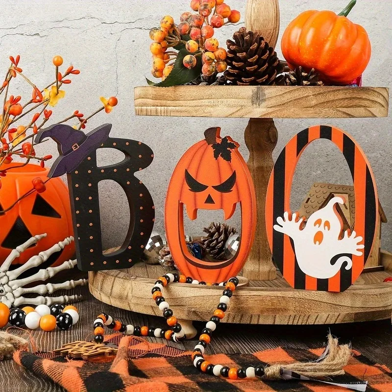 

3pcs/set Halloween Boo Signs for Home Table Tiered Tray Decoration Wooden Pumpkin Ornaments Happy Halloween Kids Favors Gifts