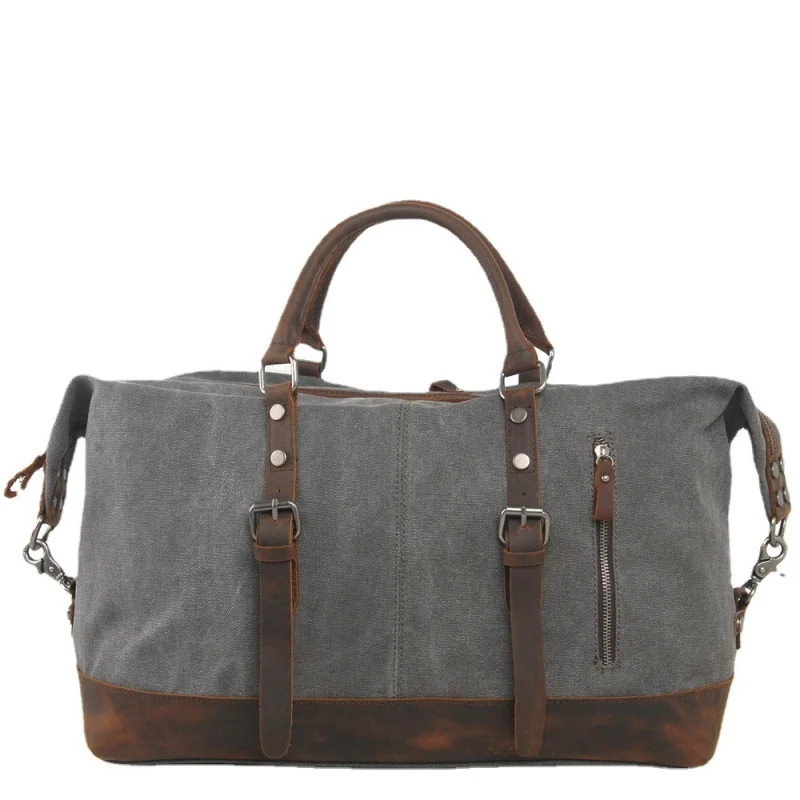 Vintage Extra-Large Capacity Men's Travel Bag, Popular in Europe and America, Canvas Luggage Bag with Top-Layer Cowhide Crossbod view 2