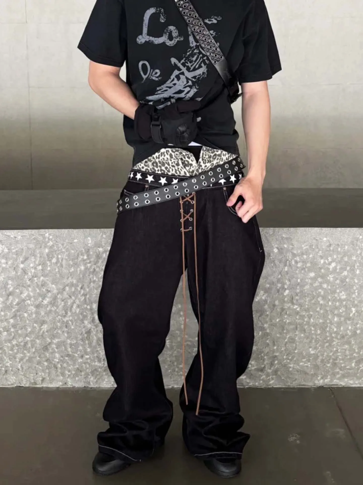 

Trendy Leopard Print Patchwork Double Waist Layered Design Sensation Knife Jeans Men Women West Coast Sle Loose Wide L...