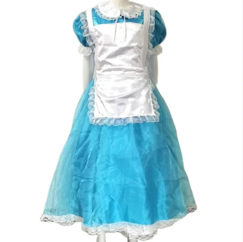 

Adult Giant Baby Sexy Girl Blue Thin Satin Sissy Tulle Dress White Apron Japanese Maid Role Play Customized Multi Color