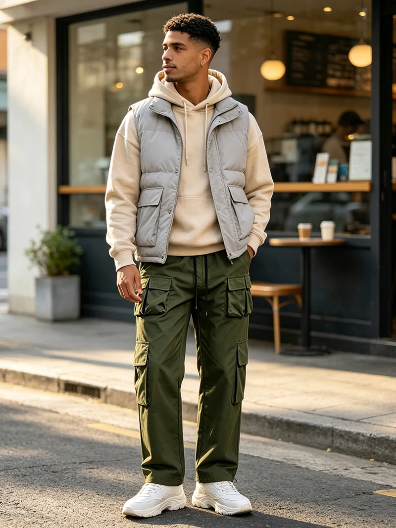 Herren-Cargohose mit mehreren Taschen, elastischem Bund und Kordelzug, locker geschnittene Hose mit geradem Bein, lässige Outdoor-Alltagshose für Frühling und Herbst – Detail 15