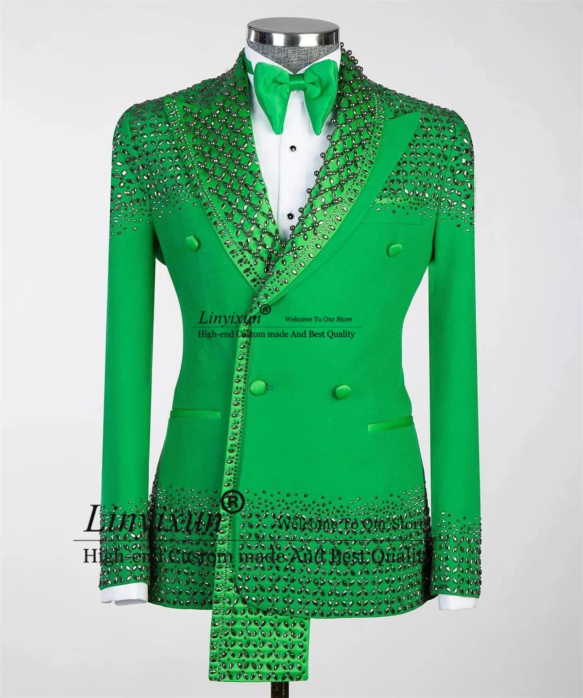 Green Jewelry Ornament Tuxedos Men Suits Peaked Lapel 2 Pieces Male Prom Blazers Wedding Groom trajes para hombre Customized