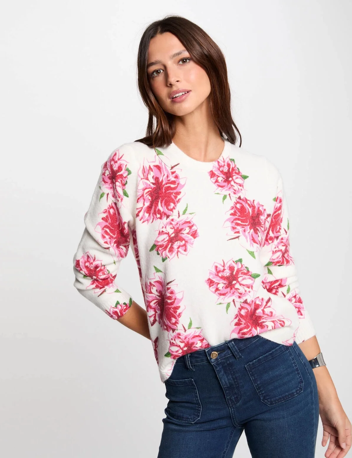 

European and American women's floral printed round neck knitted sweater with casual temperament and elastic sweater new style