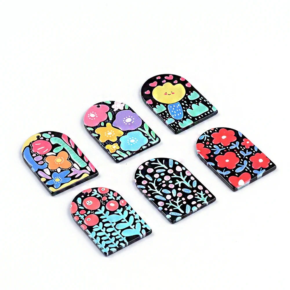 10pcs/bag Colorful Flower Graffiti Acrylic Plate Pendant Jewelry Accessories Handmade Connector DIY Earring Components Wholesale