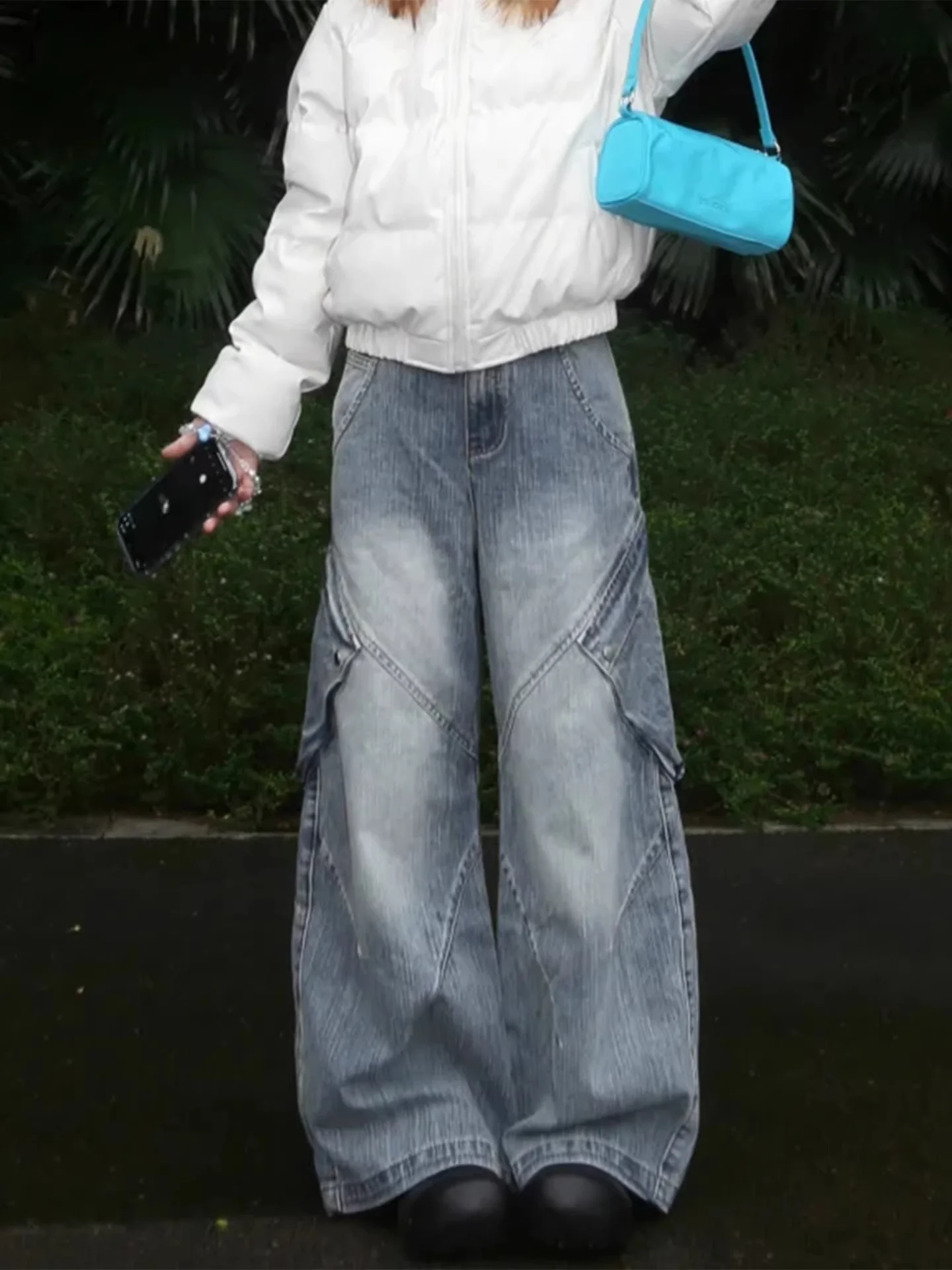 

American Vibe Retro Workwear Denim Pants Women's Loose Slimming Multi-Pocket Floor-Length Wide Leg Pants Casual High Waist Co...