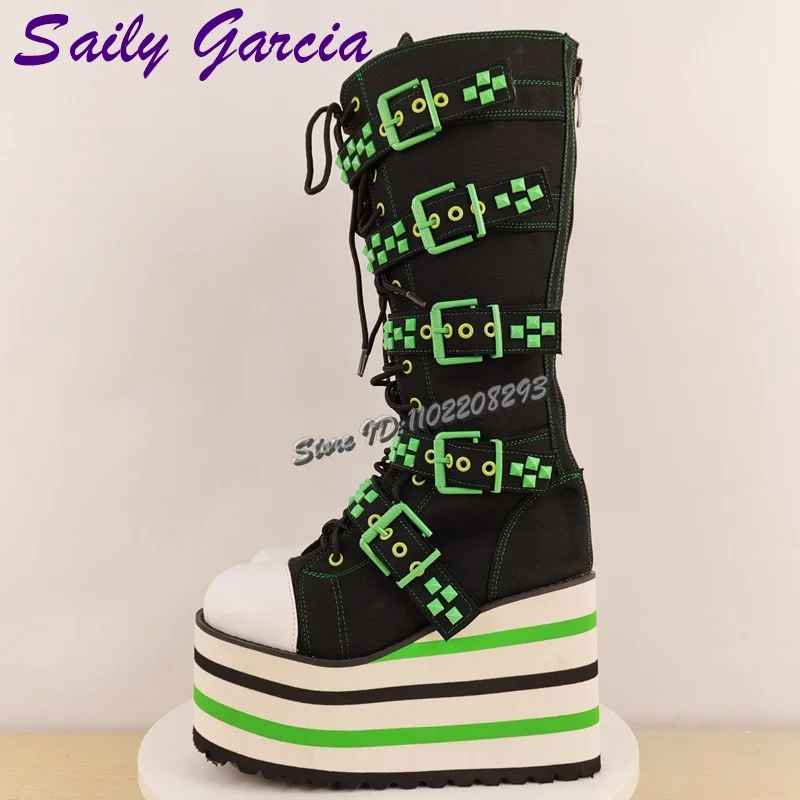 Green Buckle Straps Knee High Boots Punk Patchwork Round Toe Lace-up Platform Boots Fashion Women Lolita Shoes 2025 Autumn New image 6