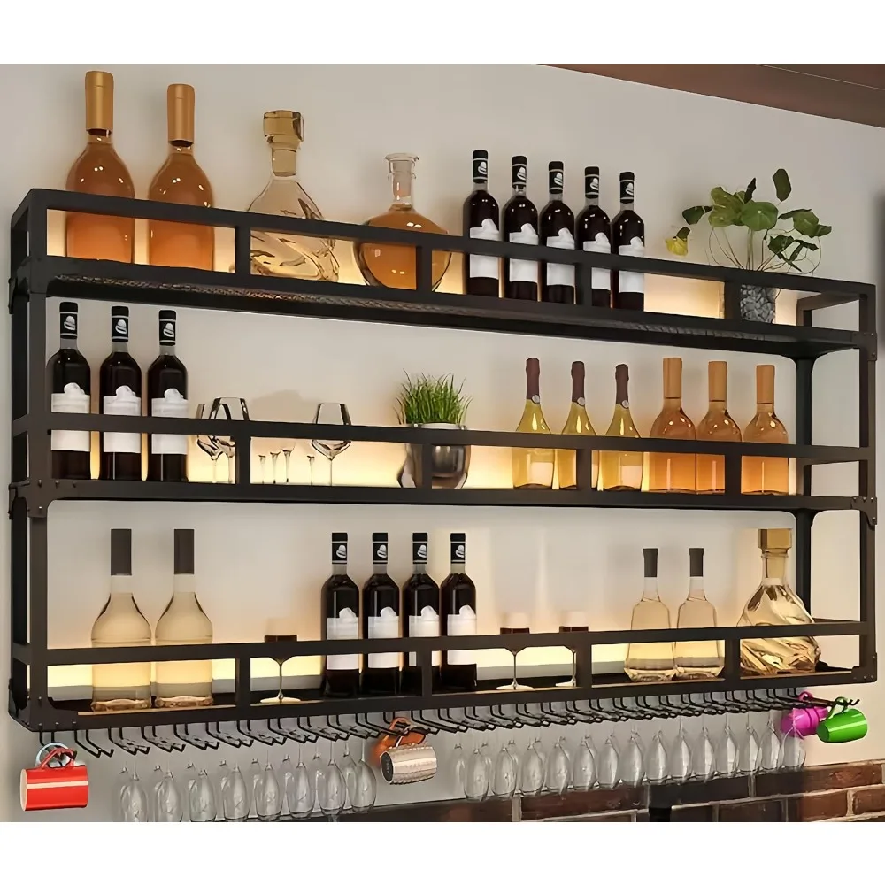 79 Inch Metal Wine Rack Wall Mounted, Bar Shelves Wall Mounted with LED Light, Large 3-Tier Liquor Bar Display Shelf with Hang