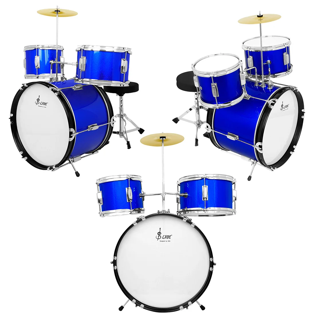 Jazz Drum Set 3 Drums 1 Cymbal With Tambourine Solid Wood Double‑Layer Metal Percussion Kit