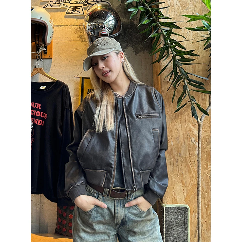 

MEXZT Vintage Pu Leather Jacket Women Streetwear Cropped Motorcycle Coat Fall Winter Y2K Harajuku Long Sleeve Short Outerwears