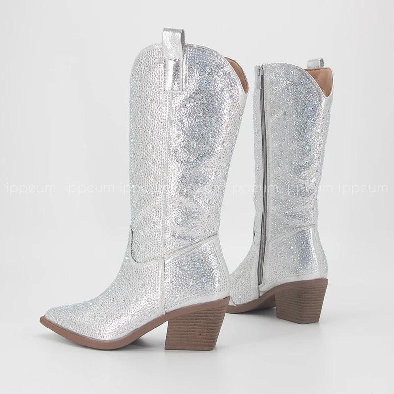 IPPEUM Silver Rhinestone Cowboy Boots For Women Western Mid Calf Shoes Glitter Bling Fashion Chunky Heel Cowgirl botas mujer