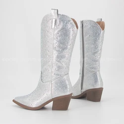 Srebrny kryształ górski IPPEUM kowbojki dla kobiet Western średnio wysokie buty z cholewami brokat Bling Fashion Cowgirl botas mujer