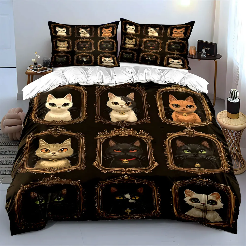 Cute Cat Illustration Duvet Cover Print Bedding Set 1 Duvet Cover 2 Pillowcases for Adult and Children Luxury Gift Full Size