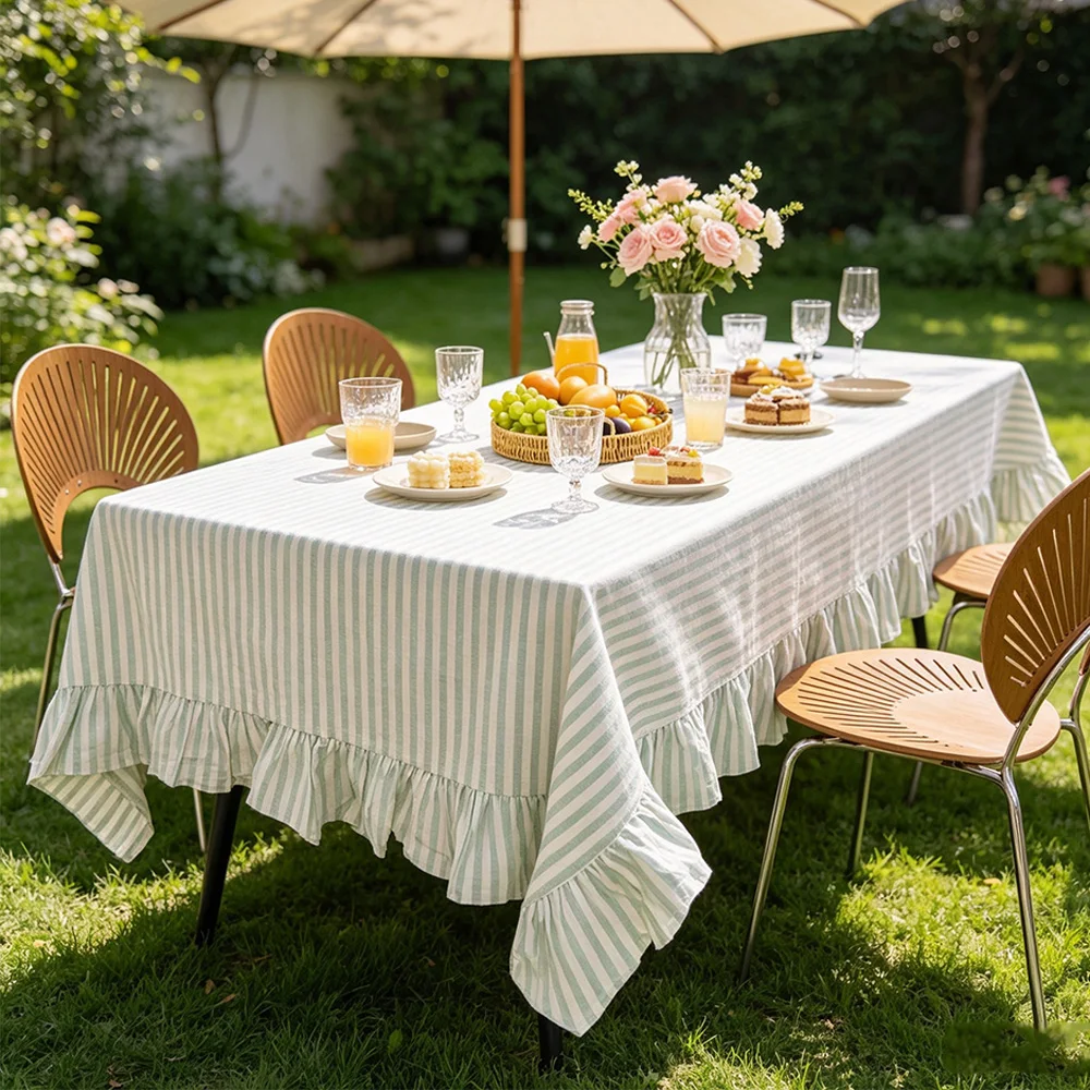 1PC Woven Ruffle Edge Square Tablecloth Cotton Blend Stripe Table Cloth with Tassel Suitable for Birthday Party Wedding Kitchen