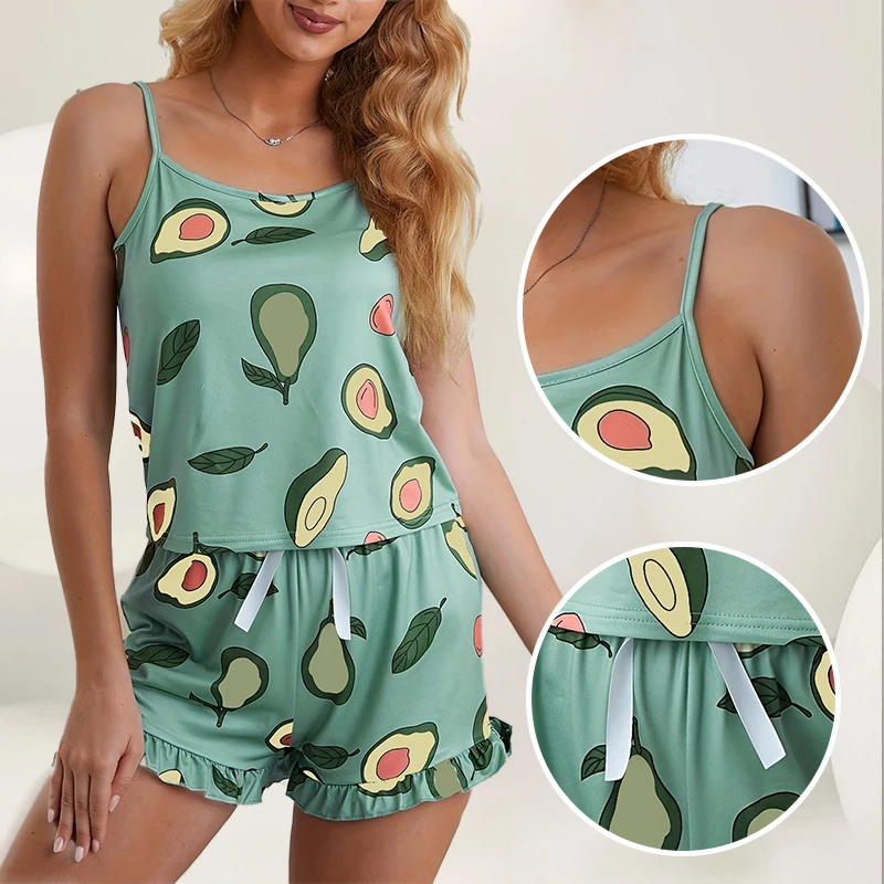 

Летние женские пижамы из двух предметов, сексуальные шелковые атласные топы без рукавов с принтом авокадоппиров, шорты, одежда для сна, домашняя одежда для женщин Loungewe