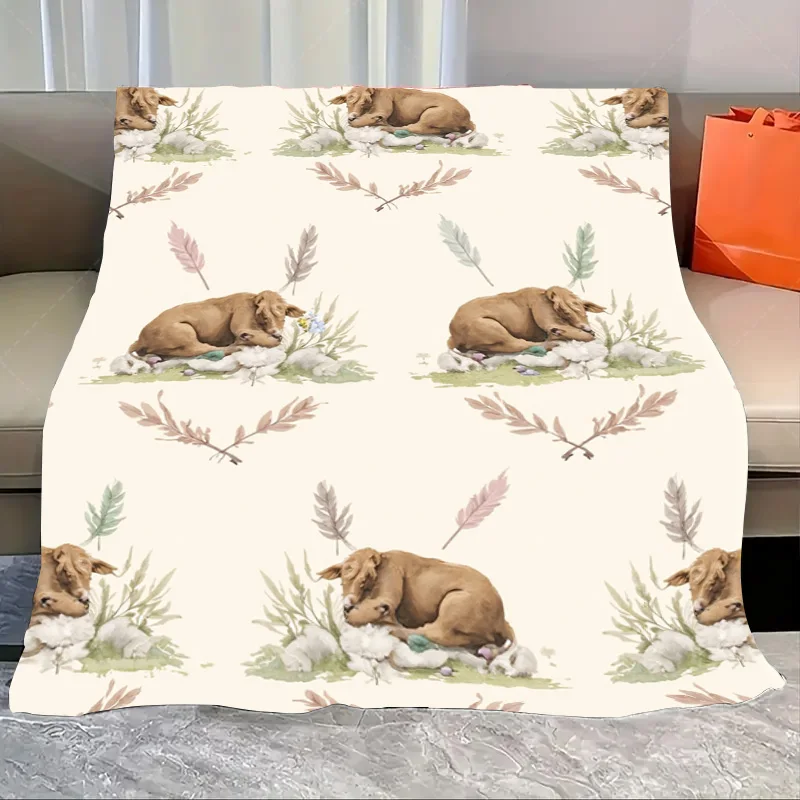 

1pc Flannel Blanket Rustic Farmhouse Cow Print Blanket with Feathers and Leaves Design