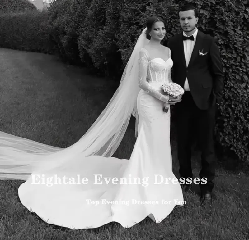 Abiti da sposa arabi Eighale maniche lunghe Sweetheart pizzo sirena bianco avorio raso corte strascico abiti da sposa personalizzati
