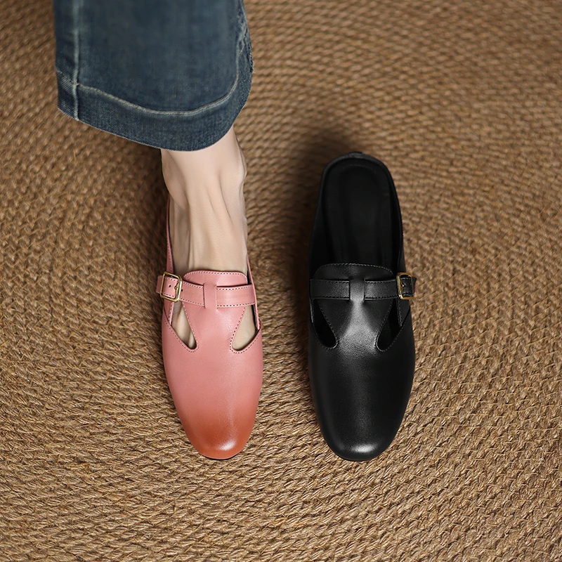 Dames nieuwe zomer echt leer koeienhuid kleurblokken ronde neus, middelhoge hak, plus size riemgesp, omwikkeld in Mueller-slippers