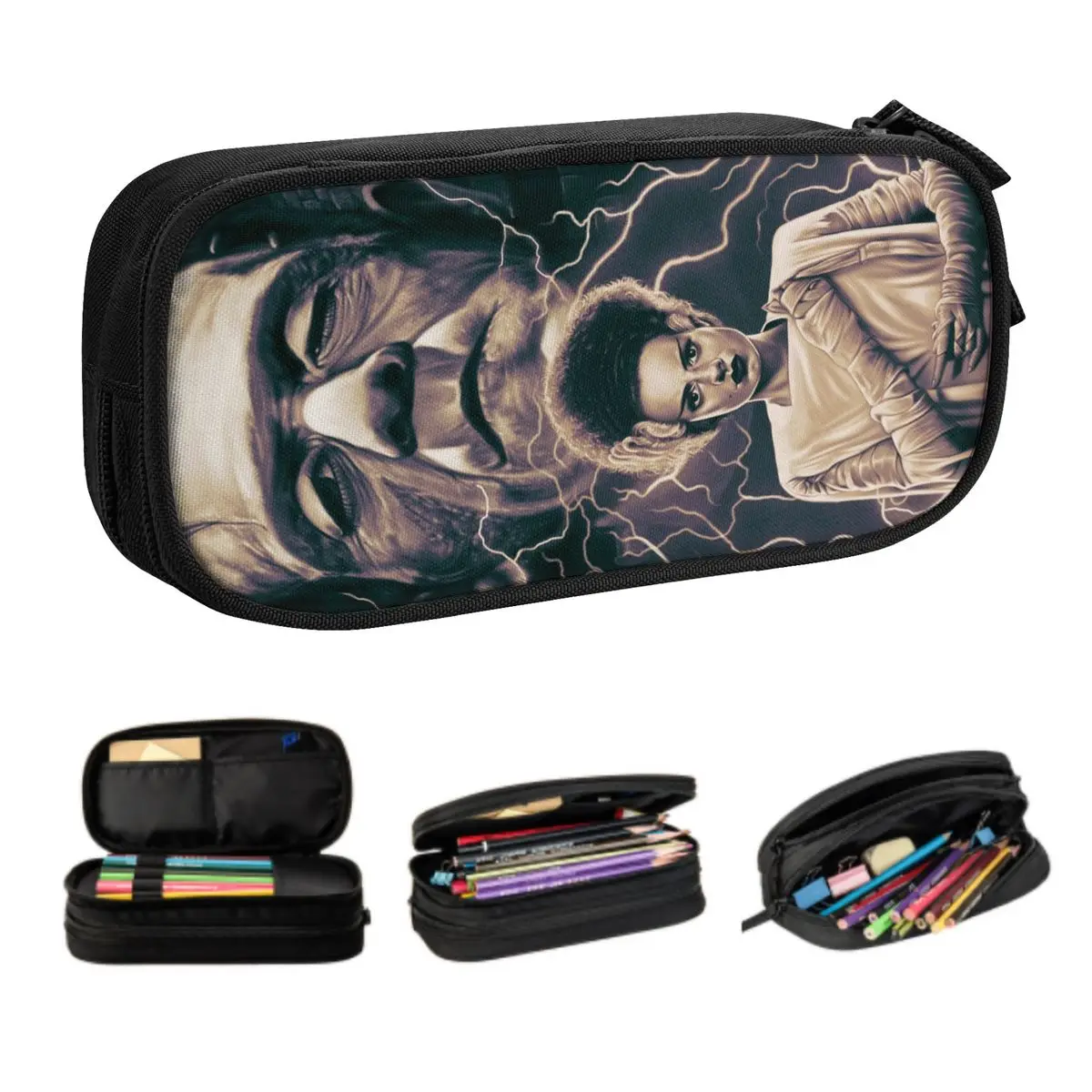 Custom Cute The Bride Of Frankenstein Poster Pencil Cases for Girls Boys Horror Movie Large Capacity Pen Bag Box School Supplies