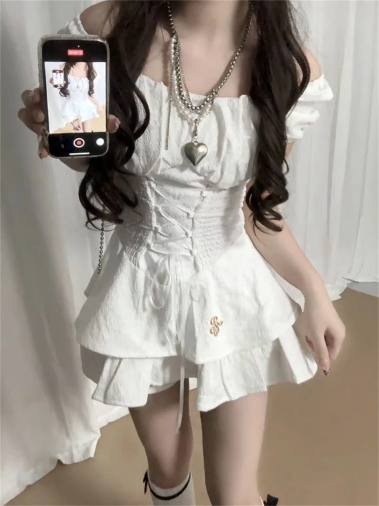 Summer White Two Piece Set Women Off Shoulder Lace Up Corset Top + Ruffle Mini Dress Suit Sweet Elegant Fairy Style Outfit 2025