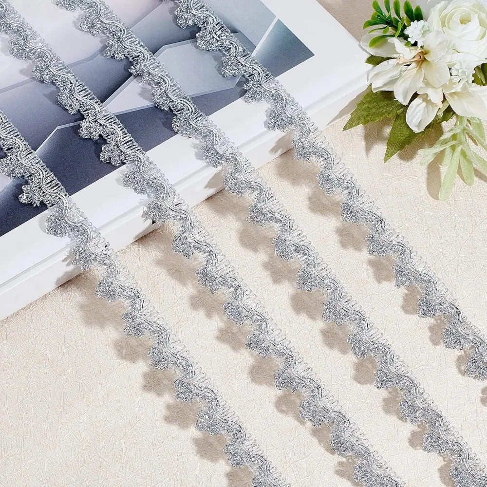 20 Yards Metallic Braid Lace Trim Silver Flower Pattern Lace Ribbon Decorated Gimp Fringe Trim Tassel for DIY Jewelry