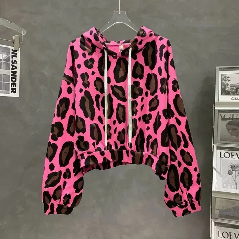 

Long Sleeve Hooded Leopard Print Loose Hoodies Sweatshirts Spring Autumn Street Casual Youth Tops Fashion Trend Women Clothing