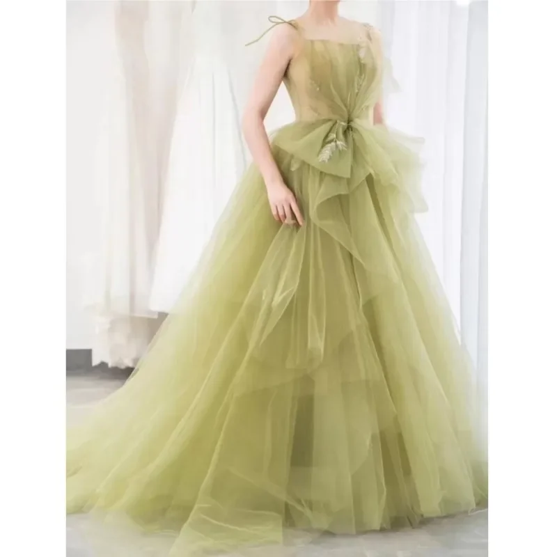 Sweet Memory 2024 Green A Line Wedding Dress Fashion Sexy Spaghetti Straps Colorful Robe De Mariee Simple Tulle Vestido