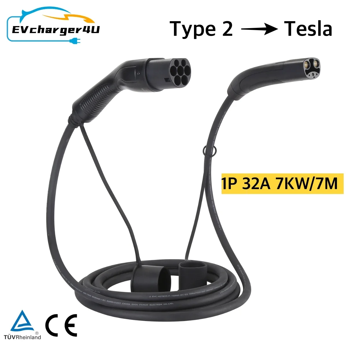 EVcharger4U Cavo di ricarica EV tipo 2 a NACS Cavo di ricarica EV 7M 1 fase 32A 250V 7KW per Tesla modello 3 YSX realizzato negli Stati Uniti