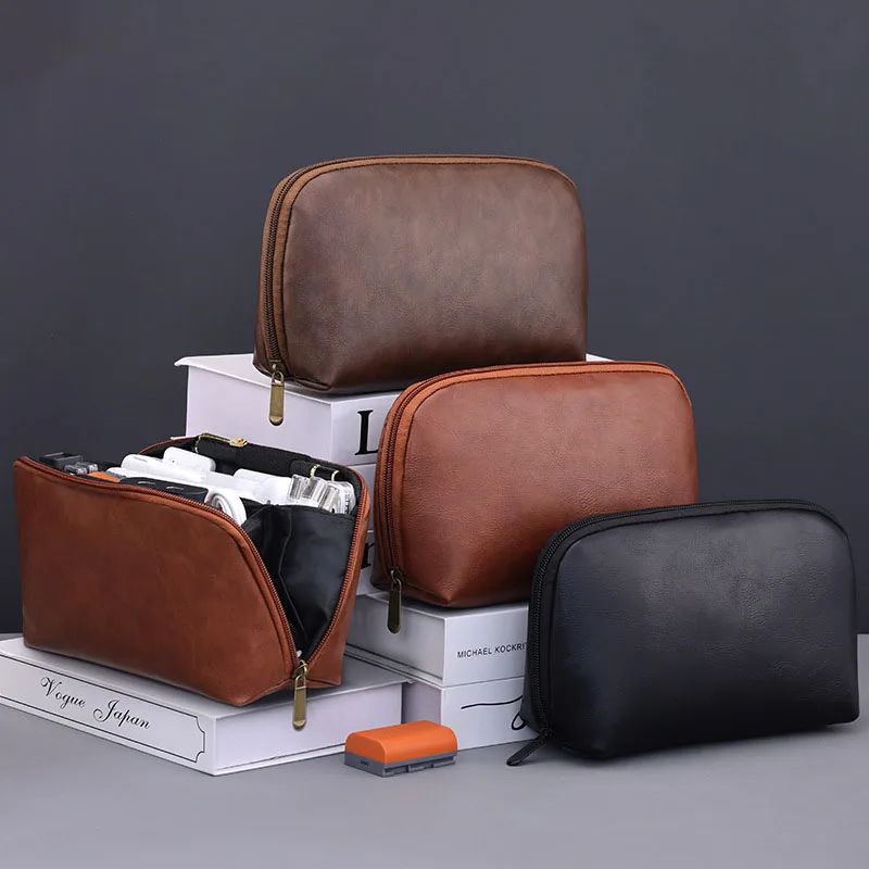 Leather Cable Organizer Bag Multifunctional Large Capacity Multi Layer Storage Pouch For Earphones Charging Cables Power Bank