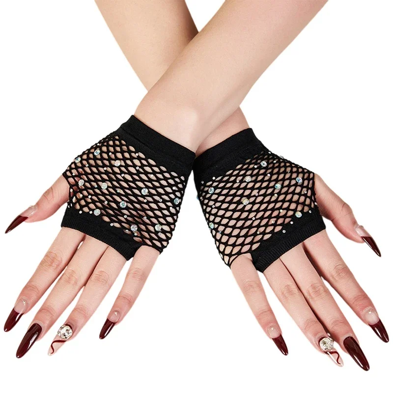 

1 Pair Black Girl Women Short Fishnet Net Gloves Shiny Rhinestone Fingerless Mesh Punk Rock Night Club Sexy Mittens