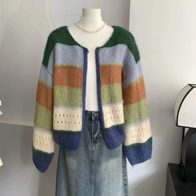 

Y2K Korean Fashion Colorful Striped Sweater Women's Aesthetic Casual Sports ChicKnit Cardigan High Quality Comfortable New Top