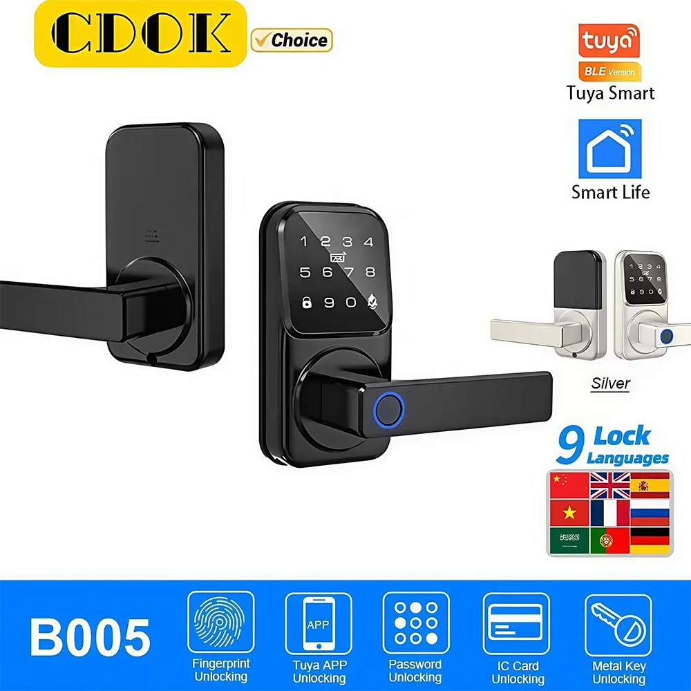 

Умный замок CDOK B005 Tuya BT, разблокировка паролем по отпечатку пальца через приложение, входная дверь, дверной замок для квартиры, материал из алюминиевого сплава, h