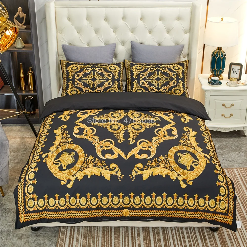 European Style Luxury Black Gold Baroque Bedding Set Soft Cozy Quilt Pillowcase 3pcs Duvet Cover Bedclothes