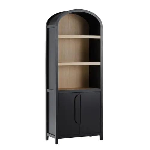 Modern Arched 3-Shelf Bookcase with Lower Cabinet, Curved Top Bookcase with Doors on Bottom for Home Office, Living