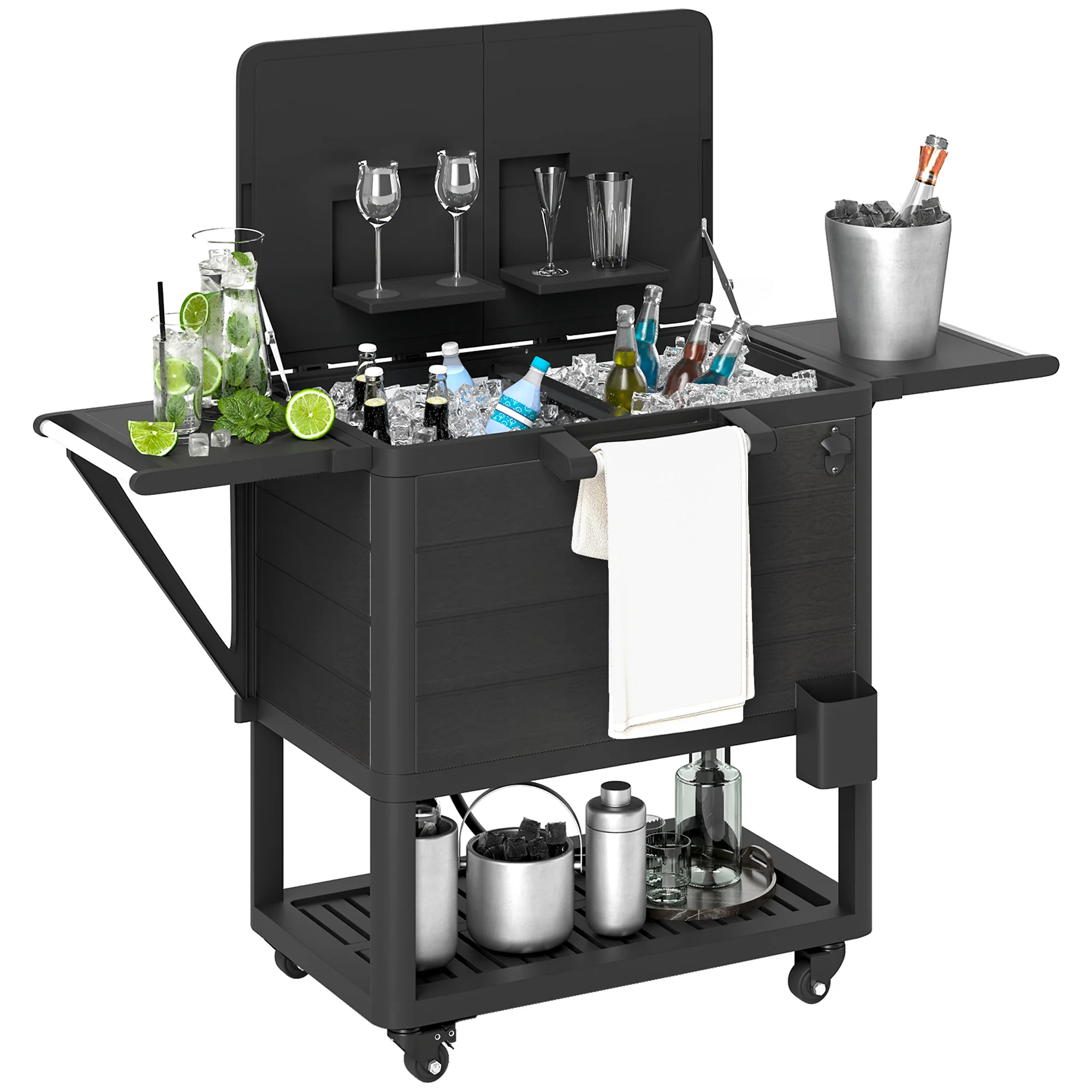 Patio Cooler Cart 104 Quart Rolling Ice Chest with Shelves, Black