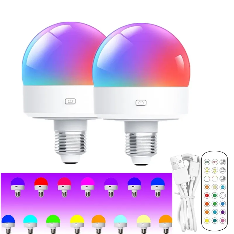 E26 E27 2IN1 Rechargeable LED Bulb RGBCCT Dimmable LED Light Remote Control Timed Dimming Under Cabinet Light Desk Wall Lamp 36V